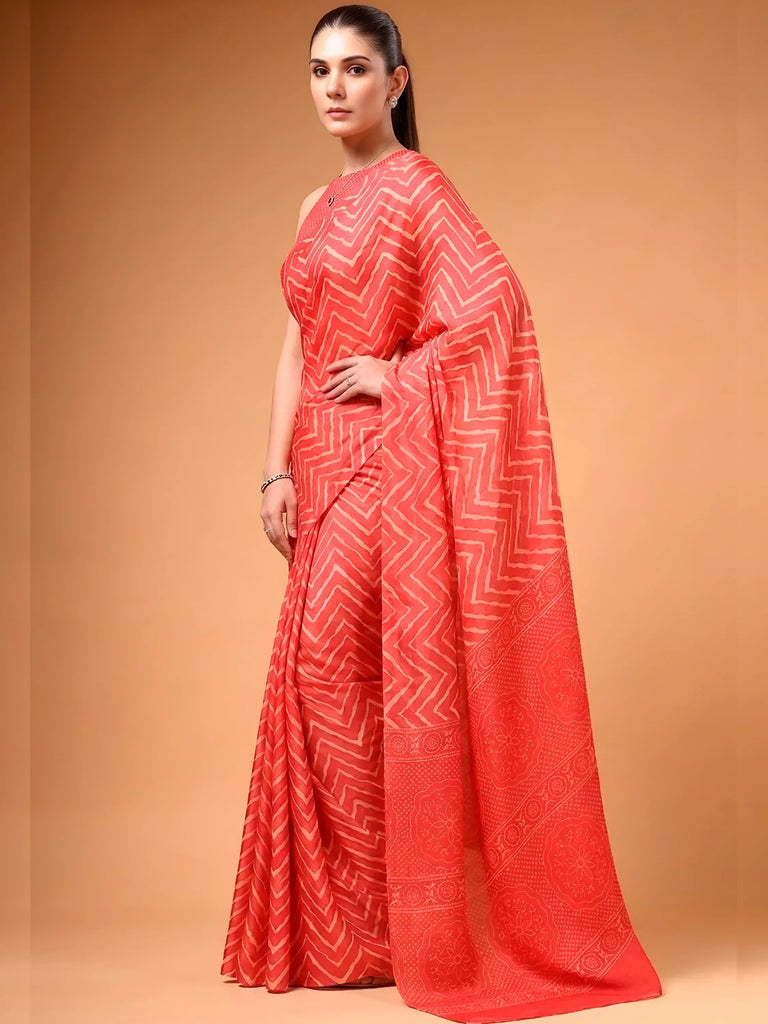Likeable Coral Red Zig-Zag Printed Satin Wedding Wear Saree With Blouse