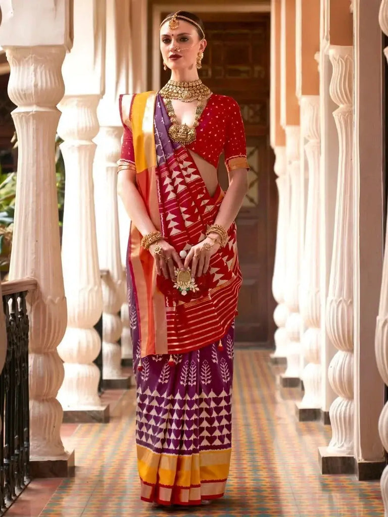 Glamorous Purple & Red Patola Printed Silk Reception Wear Saree