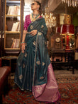 Incredible Dark Green Zari Weaving Satin Event Wear Saree With Blouse