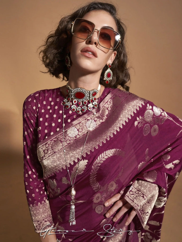 Charming Wine Zari Weaving Georgette Function Wear Saree With Blouse