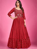 Marvelous Red Mirror Work Silk Gown With Dupatta