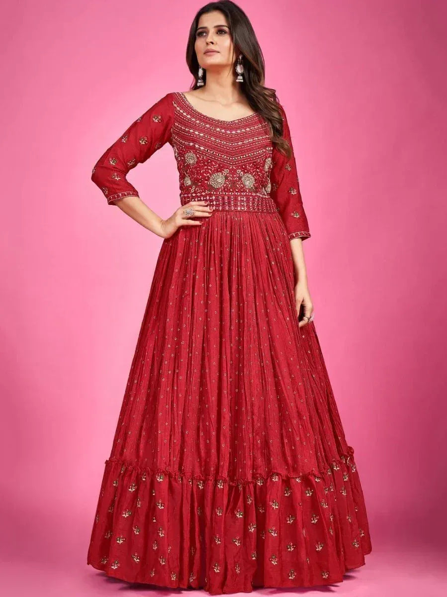 Red embroidered ethnic gown with pleated skirt, perfect for Indian occasions and festive wear