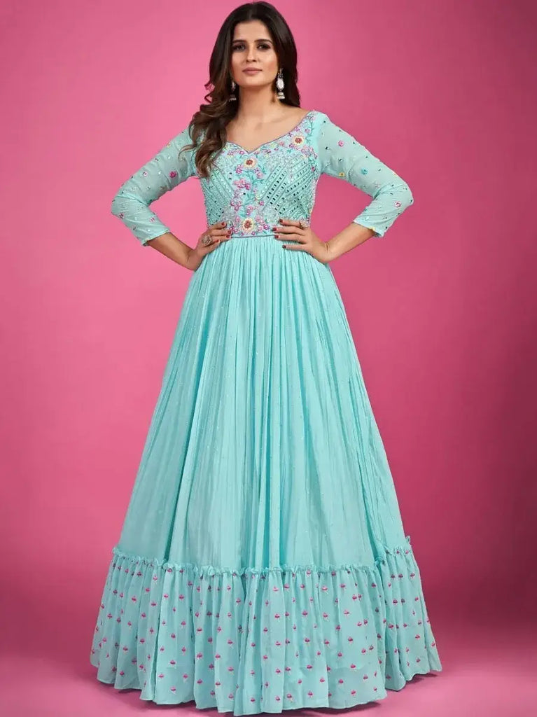 Exceptional Sky-Blue Mirror Work Silk Gown With Dupatta