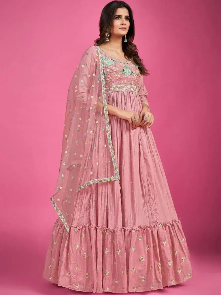 Remarkable Baby-Pink Sequins Silk Gown With Dupatta