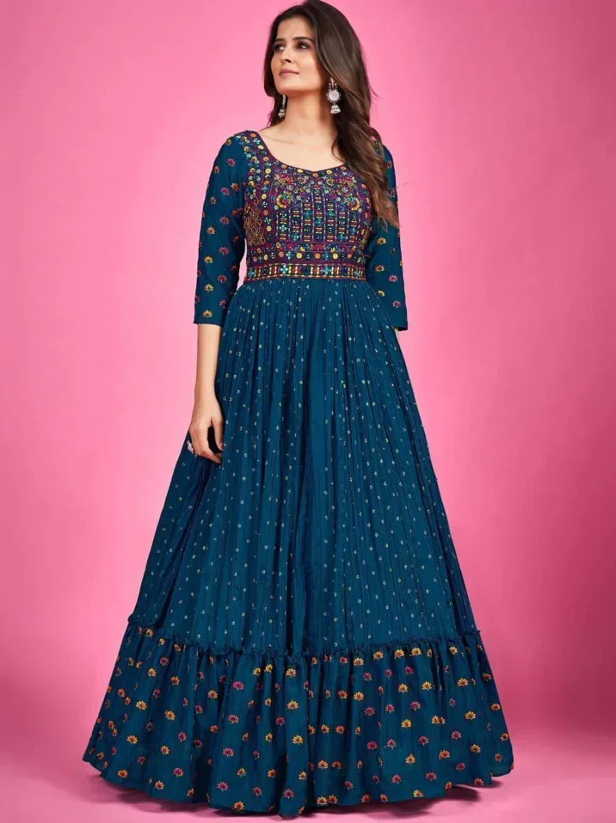 Teal embroidered anarkali gown with floral print, perfect for Indian ethnic occasions