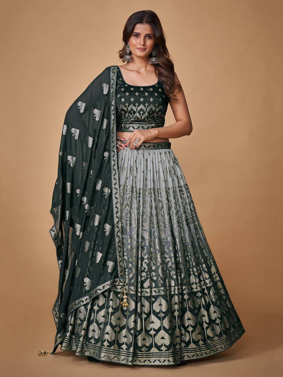 Green and grey embroidered lehenga choli with matching dupatta, Indian ethnic wear for women