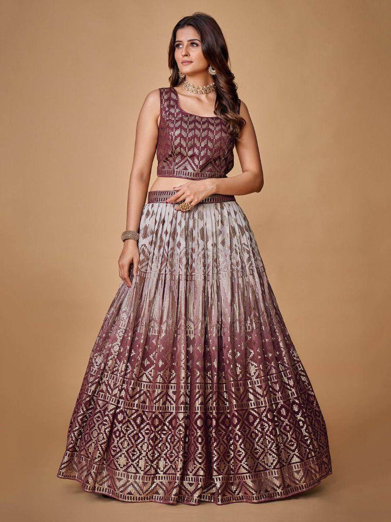 Exquisite Purple Sequined Georgette Marriage Wear Lehenga Choli