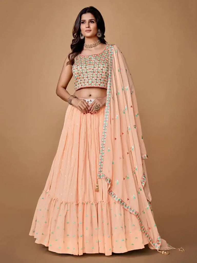 Fascinating Peach Floral Embroidered Chiffon Party Lehenga Choli