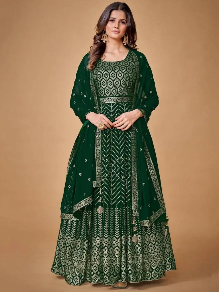 Lavish Emerald Green Sequined Georgette Festive Wear Gown