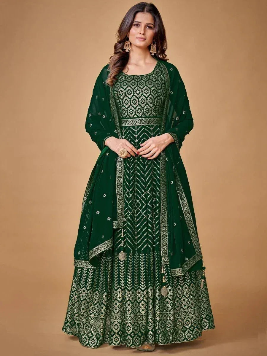 Emerald green embroidered anarkali suit with geometric patterns, perfect for Indian ethnic occasions