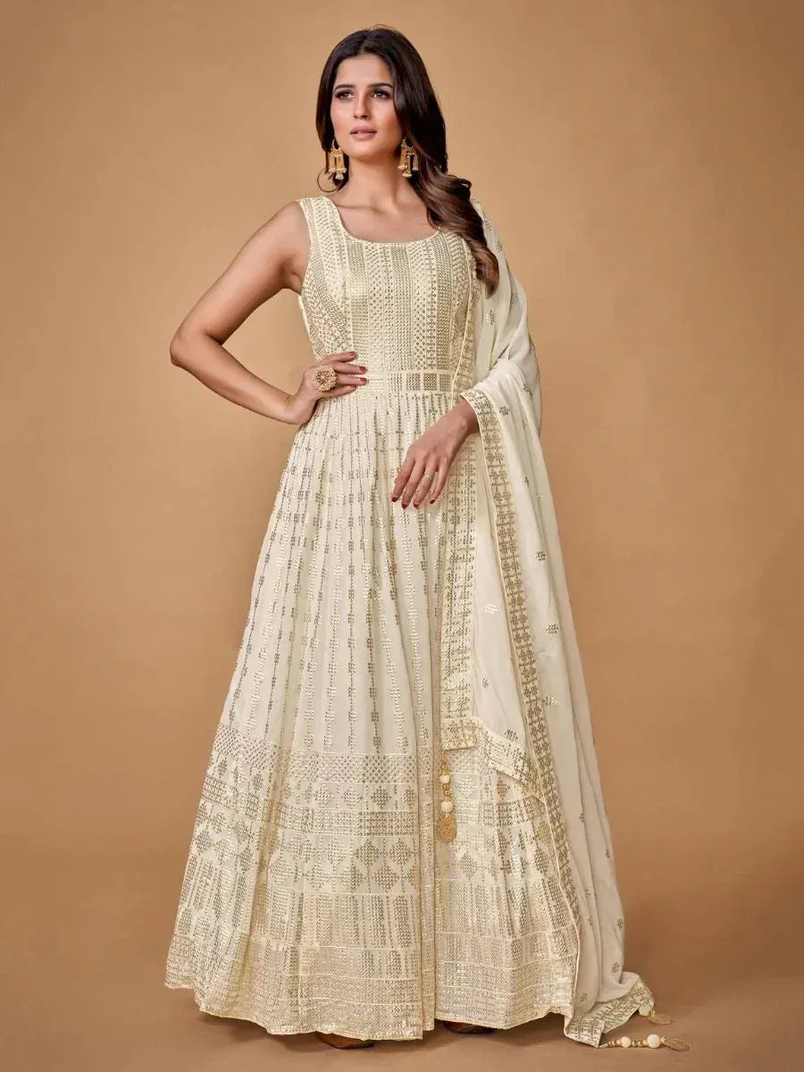 Cream embroidered anarkali suit with dupatta, Indian ethnic wear for women