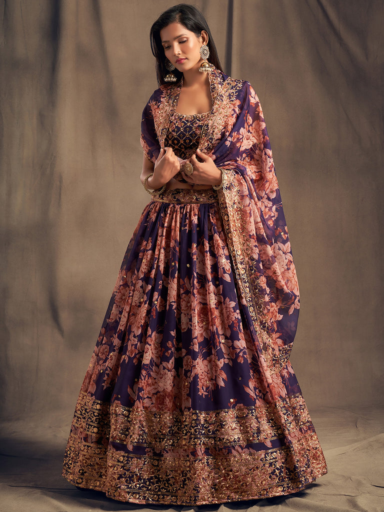 Precious Purple Printed Organza Wedding Wear Plus Size Lehenga Choli