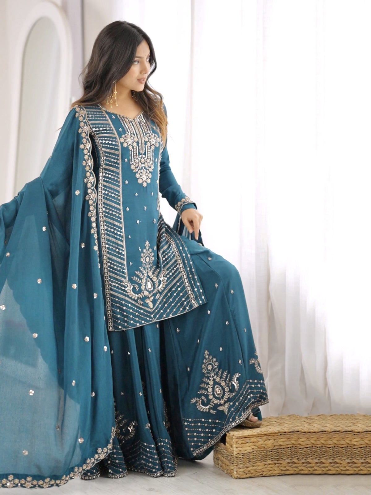 Charming Teal Blue Bead Work Chinon Wedding Wear Palazzo Suit