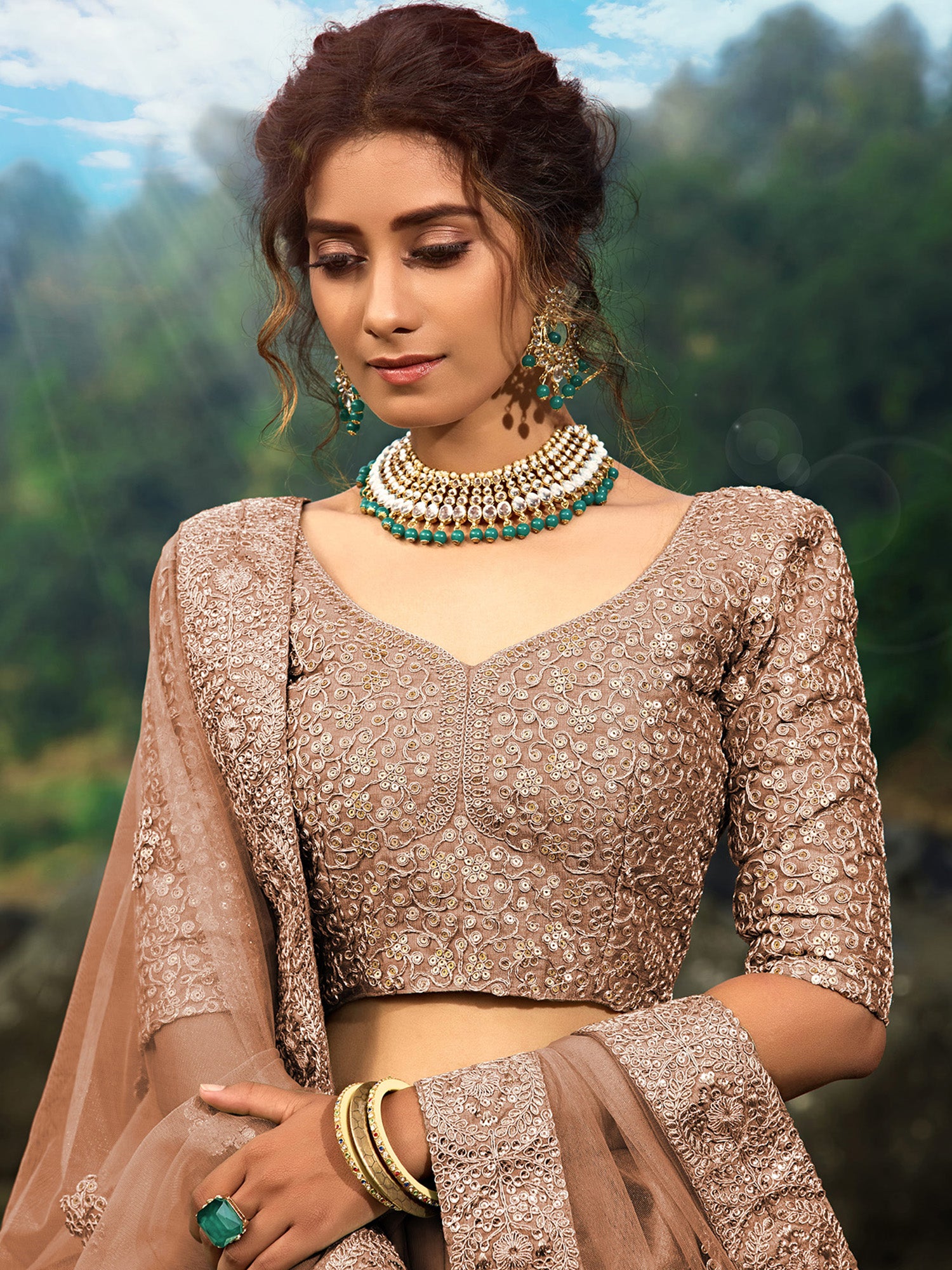 Fabulous Brown Sequins Net Wedding Wear Plus Size Lehenga Choli