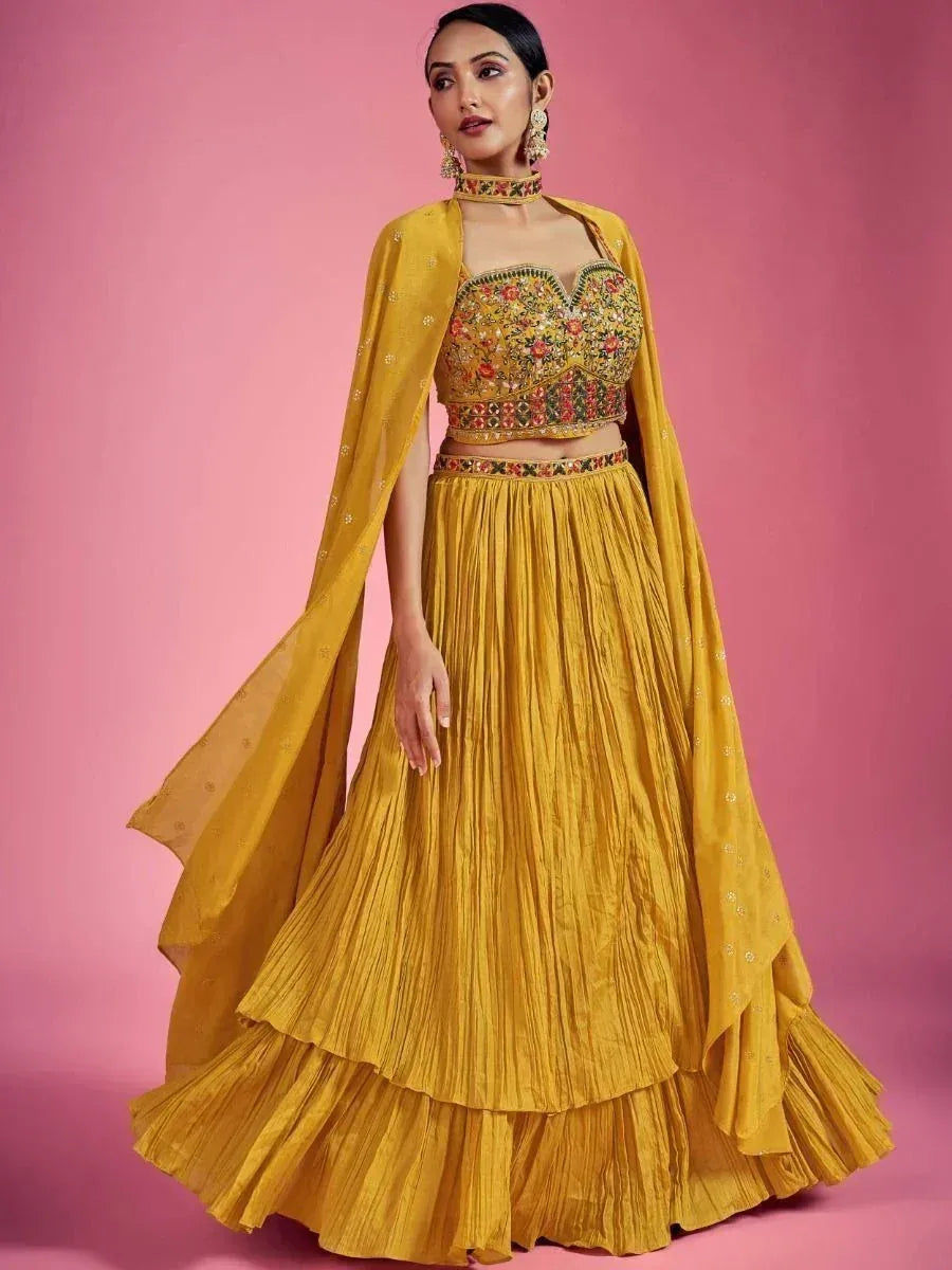 Mustard yellow embroidered lehenga choli with dupatta, perfect for Indian ethnic occasions