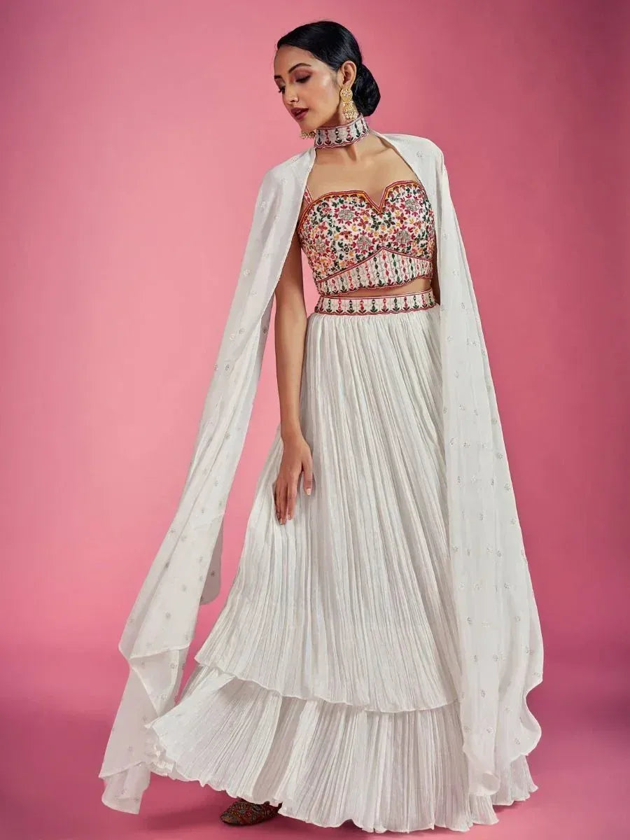 White floral embroidered lehenga choli with pleated skirt and dupatta, Indian ethnic wear