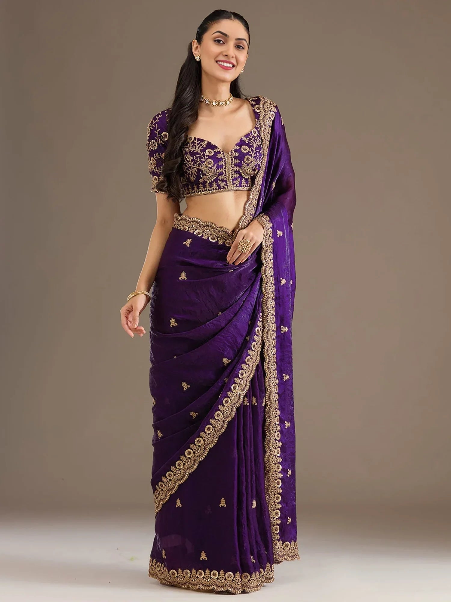 Beautiful Purple Zari Embroidered Silk Party Wear Saree With Blouse