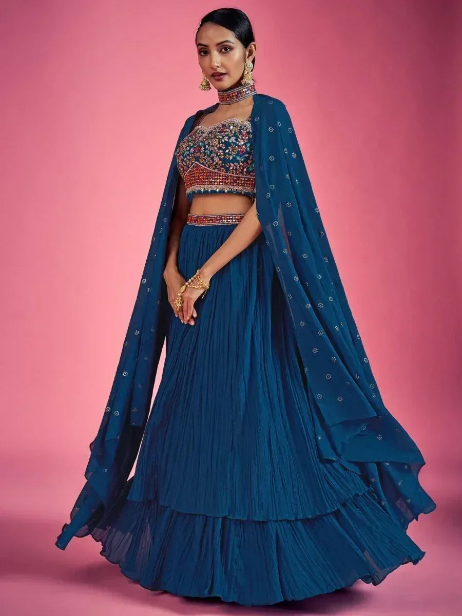Blue embroidered lehenga choli with dupatta, Indian ethnic wear for women