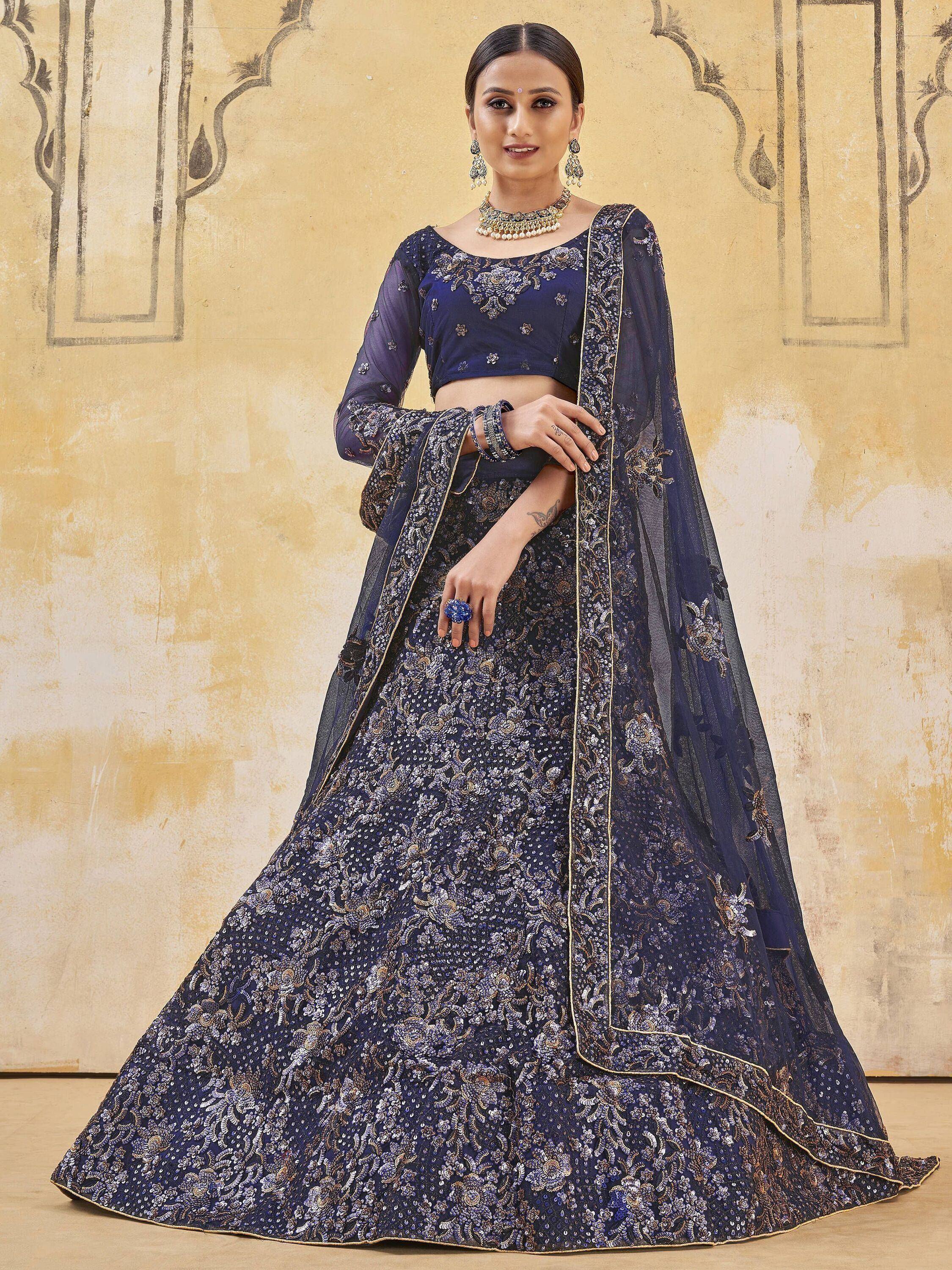 Navy blue embroidered lehenga choli with floral dupatta, Indian ethnic wear for weddings and festivals