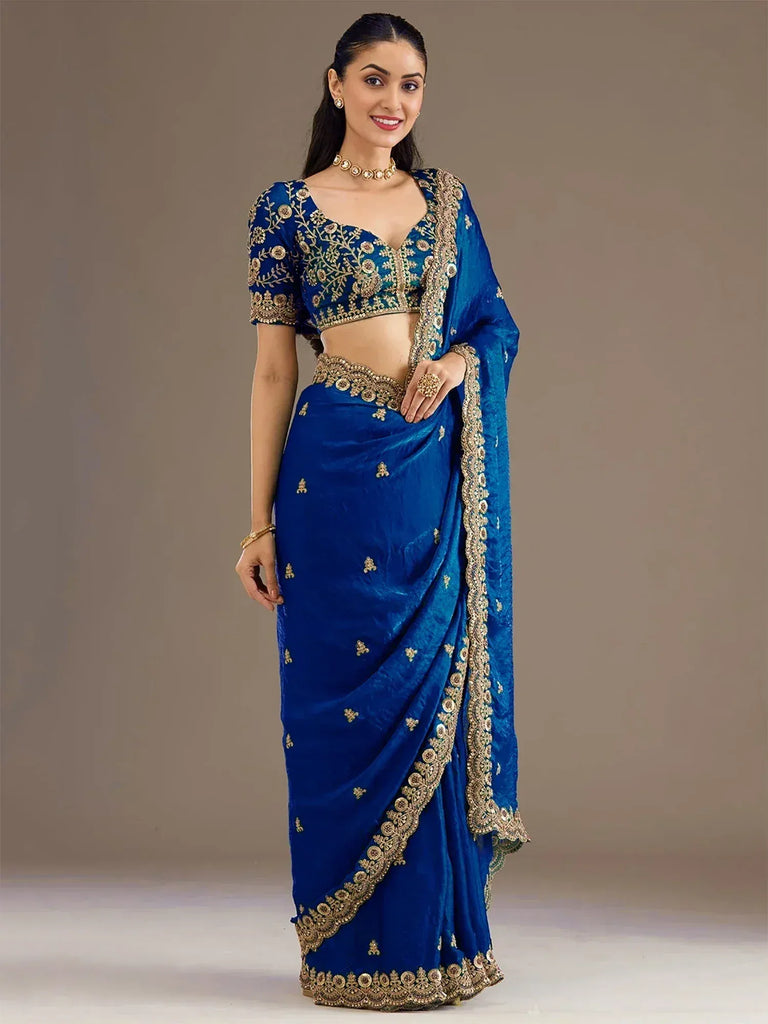 Dazzling Blue Embroidered Silk Festive Wear Saree With Blouse