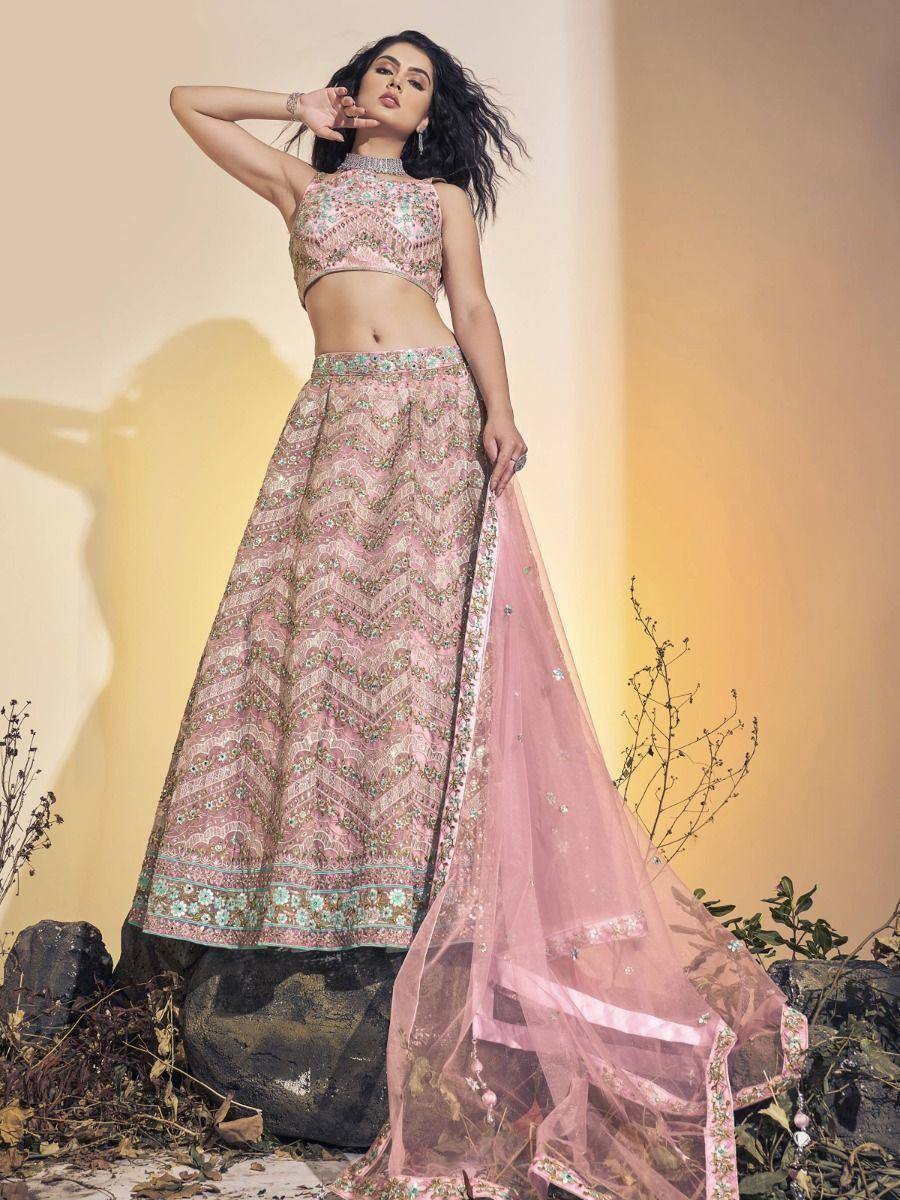 Pink embroidered lehenga choli with sheer dupatta, Indian ethnic wear for women
