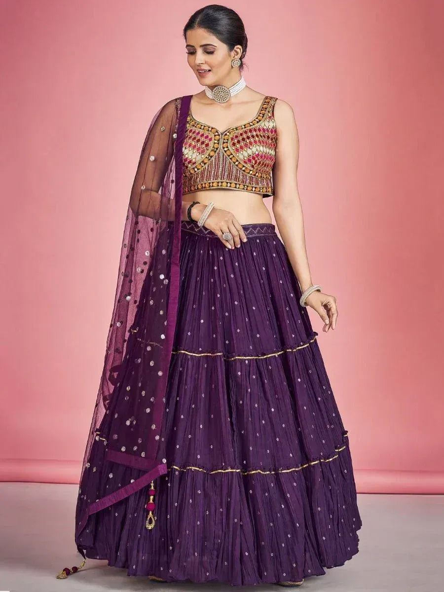 Purple embroidered lehenga choli with dupatta, Indian ethnic wear for women
