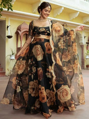 Beautiful Black Floral Printed Organza  Event Wear Lehenga Choli