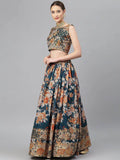 Blue & Peach-Coloured Embellished Sequinned Semi-Stitched Myntra Lehenga & Unstitched Blouse