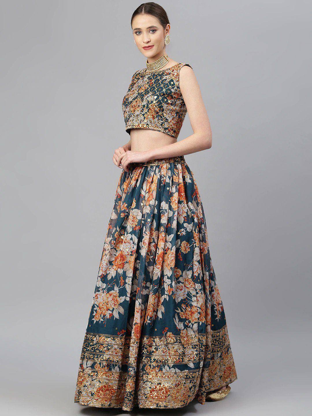 Floral print lehenga choli with gold embroidery, Indian ethnic wear for women