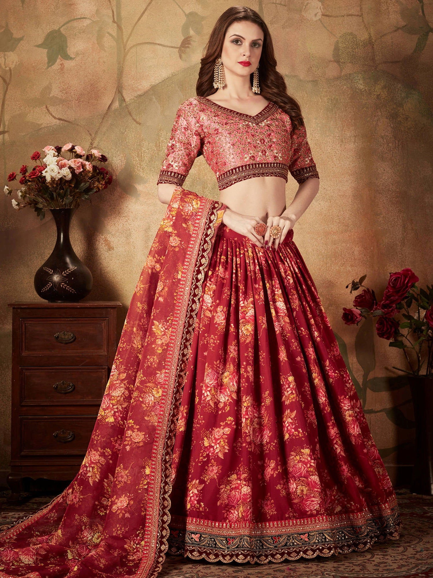 Majestic Maroon Printed Organza Engagement Wear Plus Size Lehenga Choli
