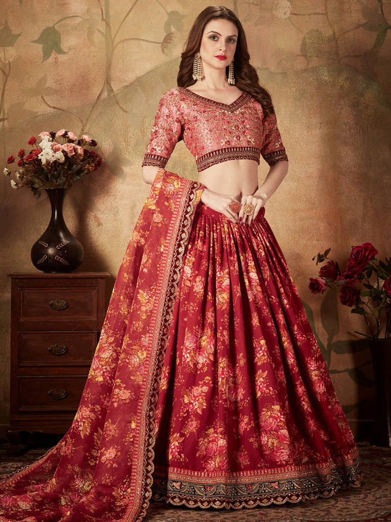 Majestic Maroon Printed Organza Engagement Wear Plus Size Lehenga Choli