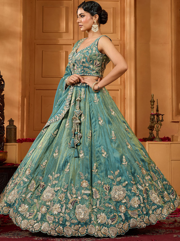 Graceful Teal Blue Floral Embroidery Tissue Traditional Lehenga Choli