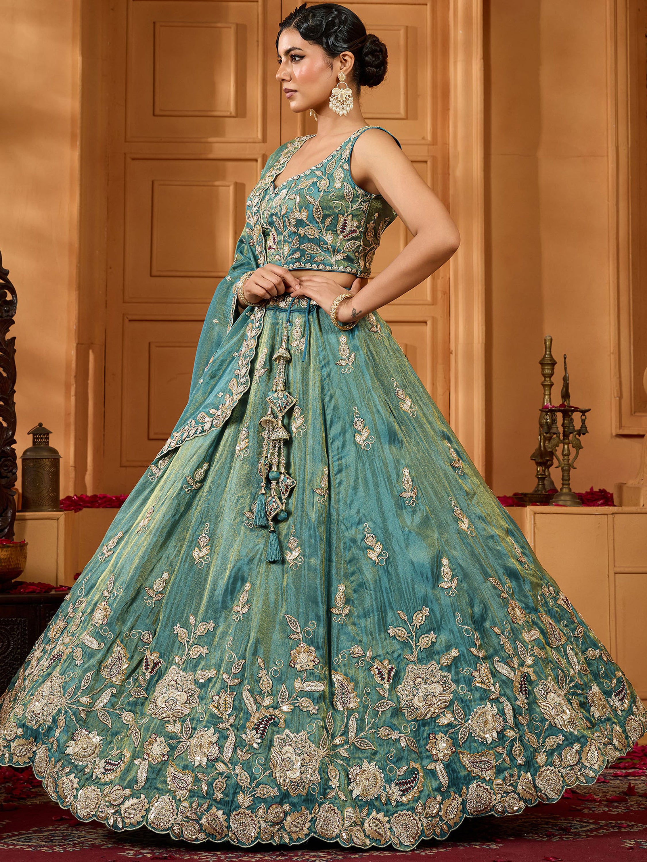 Graceful Teal Blue Floral Embroidery Tissue Traditional Lehenga Choli