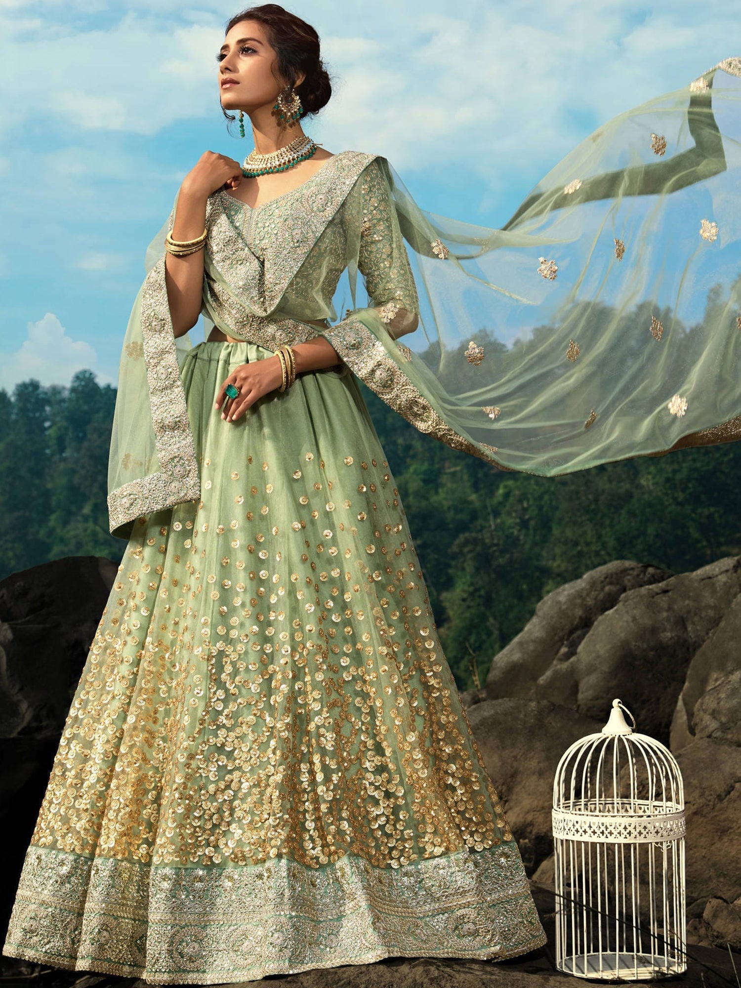Adorable Green Sequins Net Function Wear Plus Size Lehenga Choli