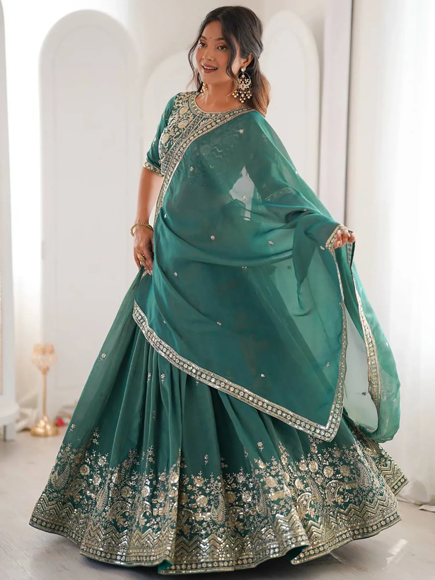 Terrific Sea Green Sequins Silk Mehendi Wear Lehenga Choli With Dupatta