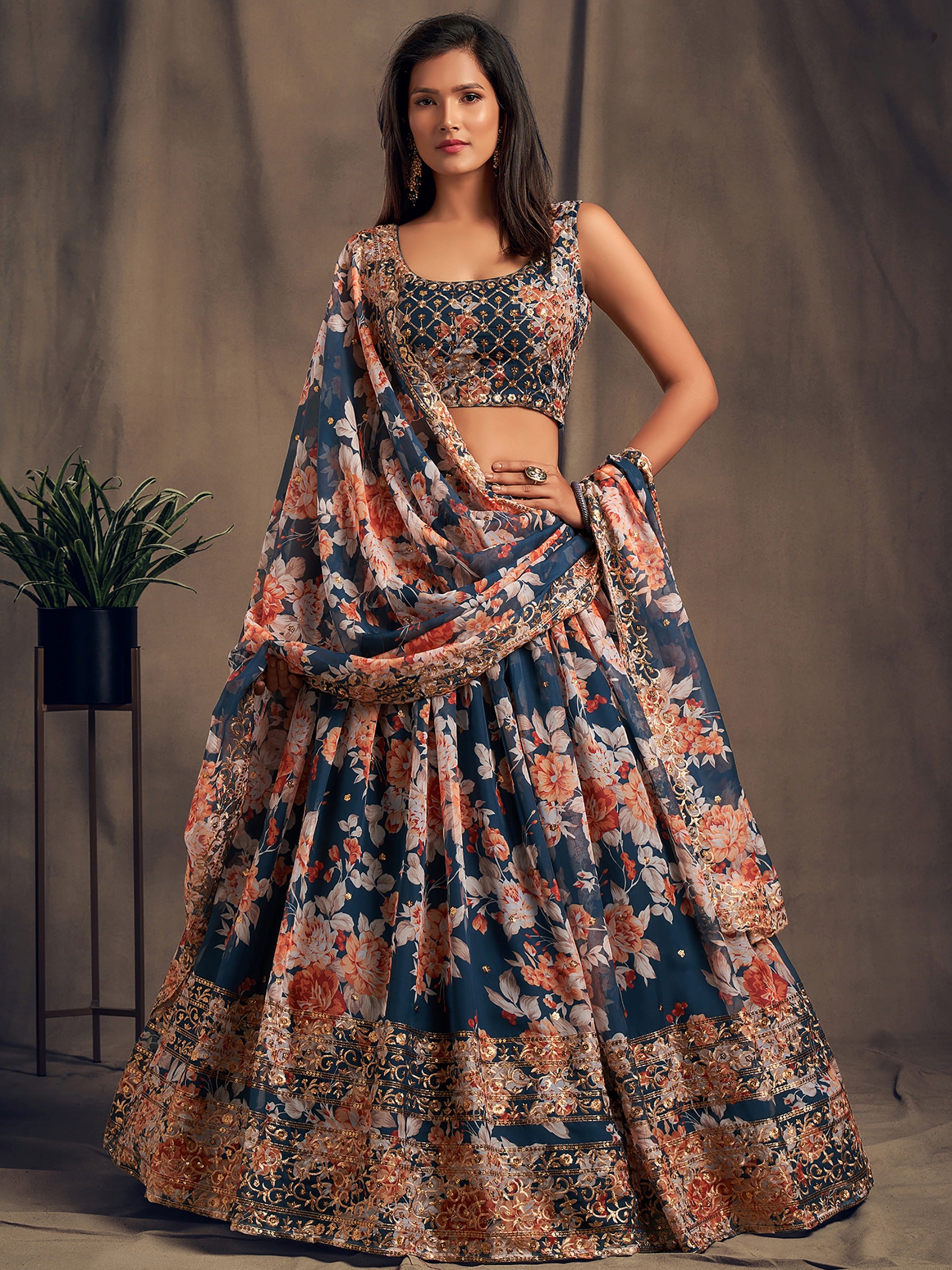 Incredible Blue Printed Organza Wedding Wear Plus Size Lehenga Choli