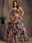 Incredible Blue Printed Organza Wedding Wear Plus Size Lehenga Choli