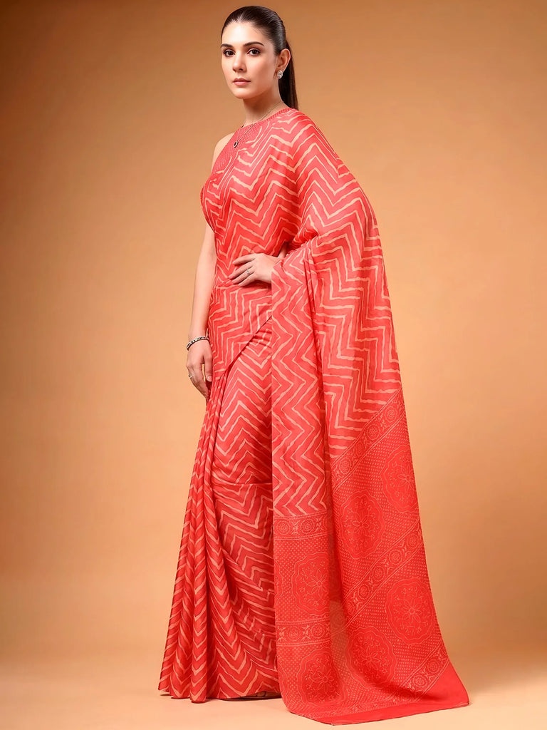 Likeable Coral Red Zig-Zag Printed Satin Wedding Wear Saree With Blouse
