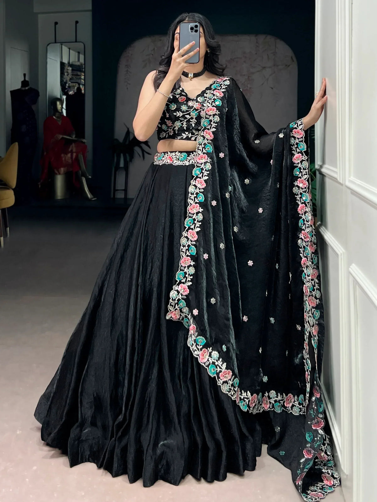 Classy Black Thread Work Organza Festive Wear Lehenga Choli