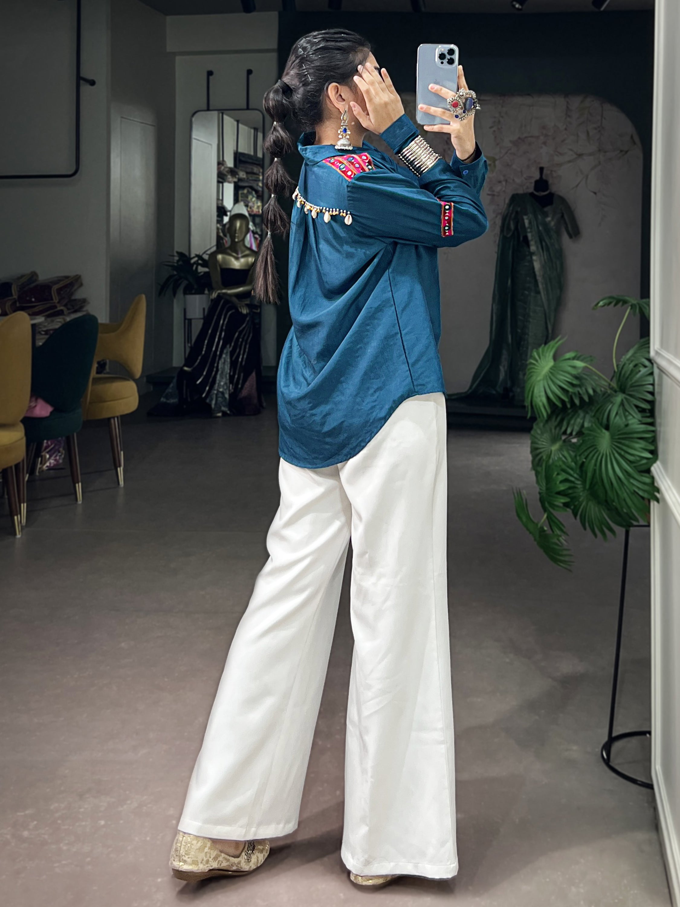 Stylish Teal Blue Gamthi Work Chinon Navratri Wear Shirt