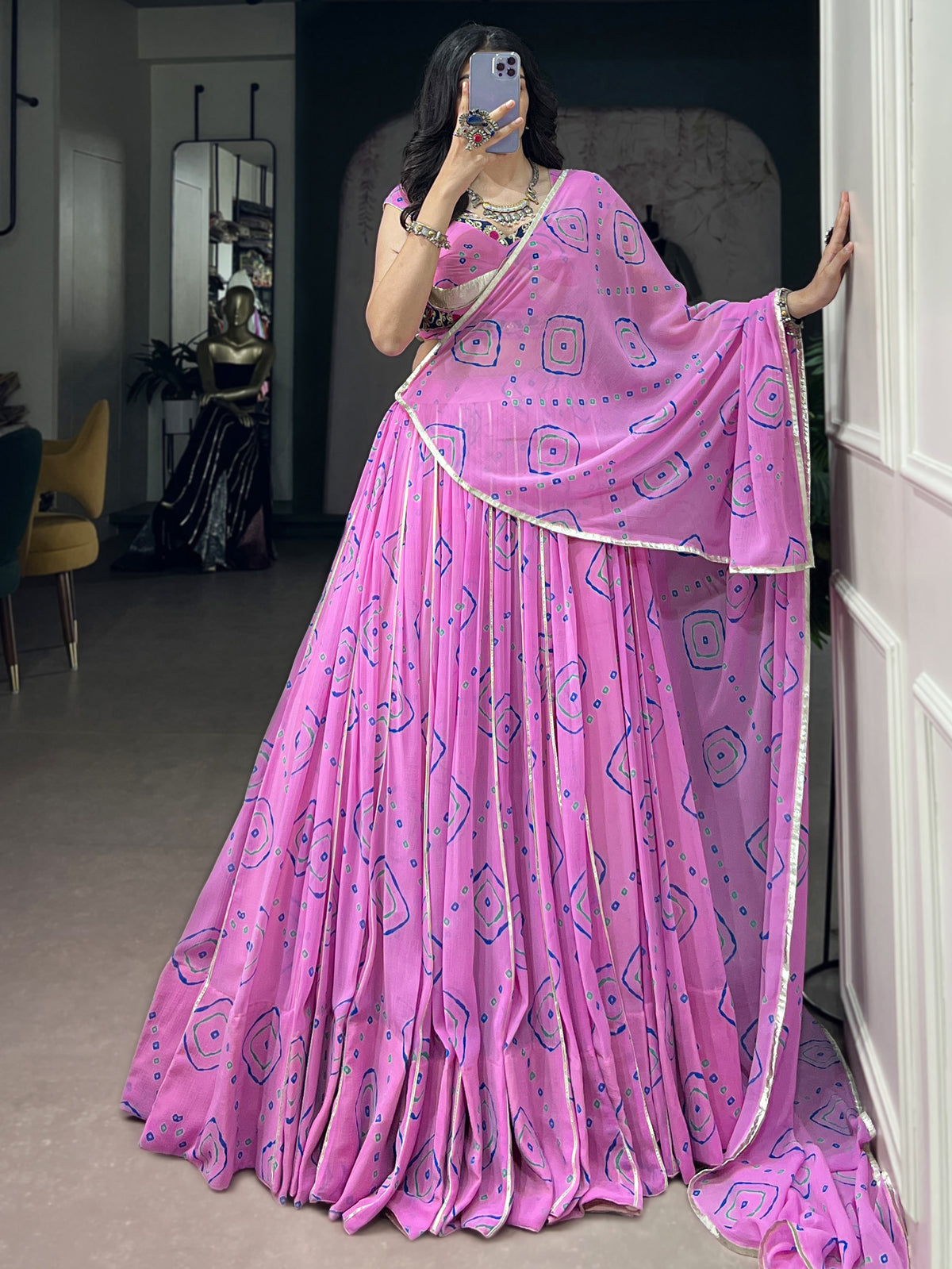 Regal Baby Pink Bandhej Printed Georgette Navratri Wear Lehenga Choli