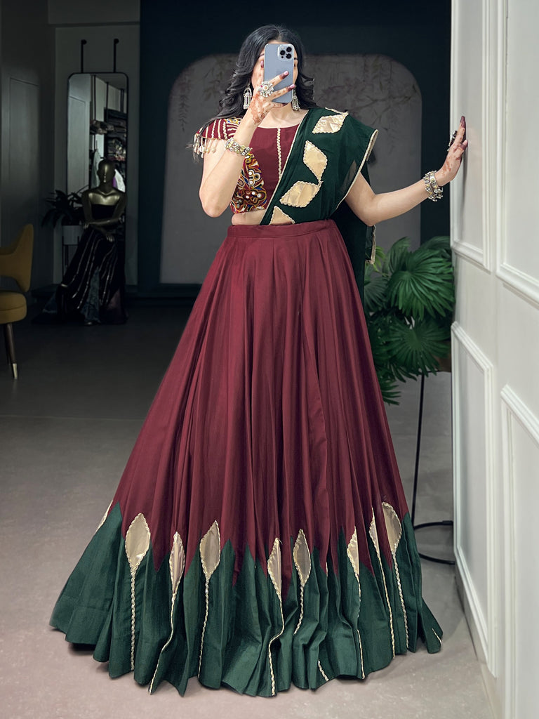Royal Maroon Patch Work Chinon Navratri Wear Lehenga Choli With Dupatta