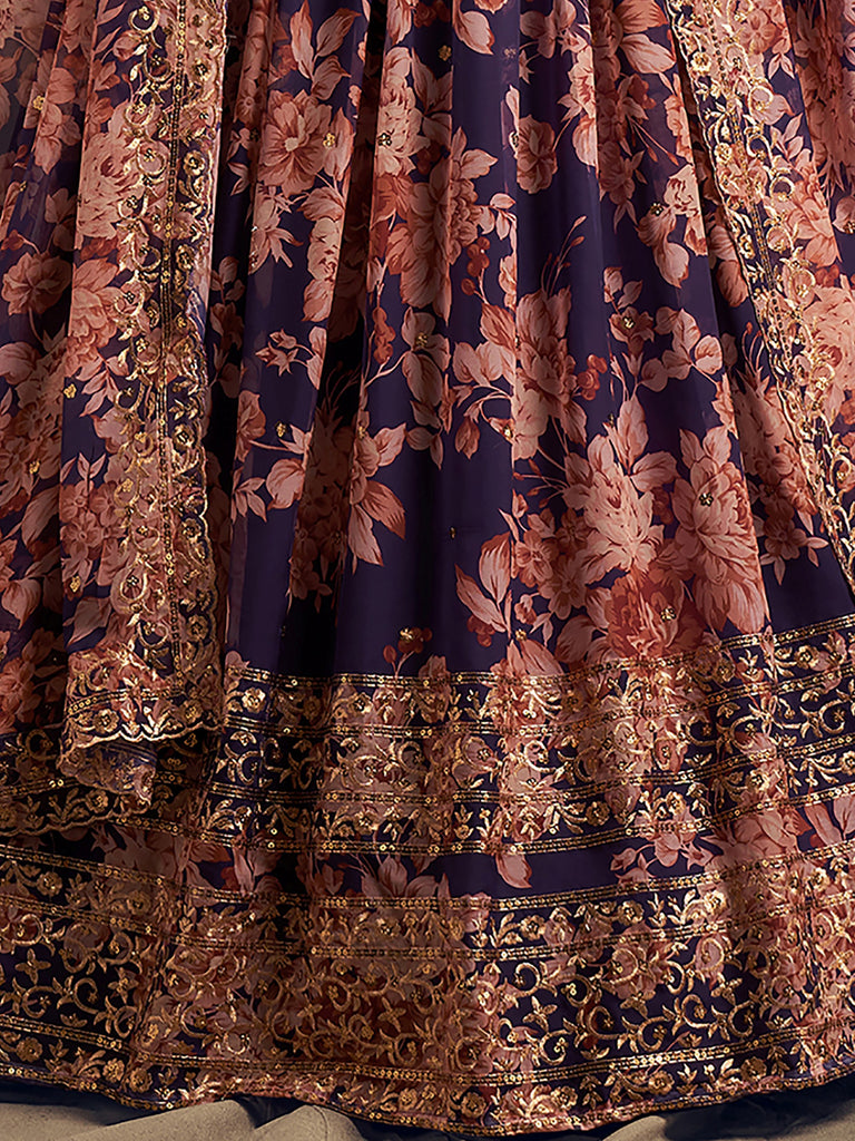 Precious Purple Printed Organza Wedding Wear Plus Size Lehenga Choli