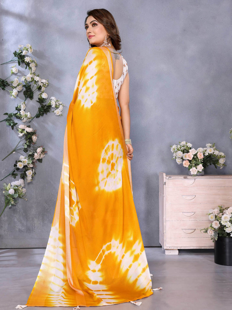 Beautiful Mustard Yellow Shibori Printed Saree With Blouse