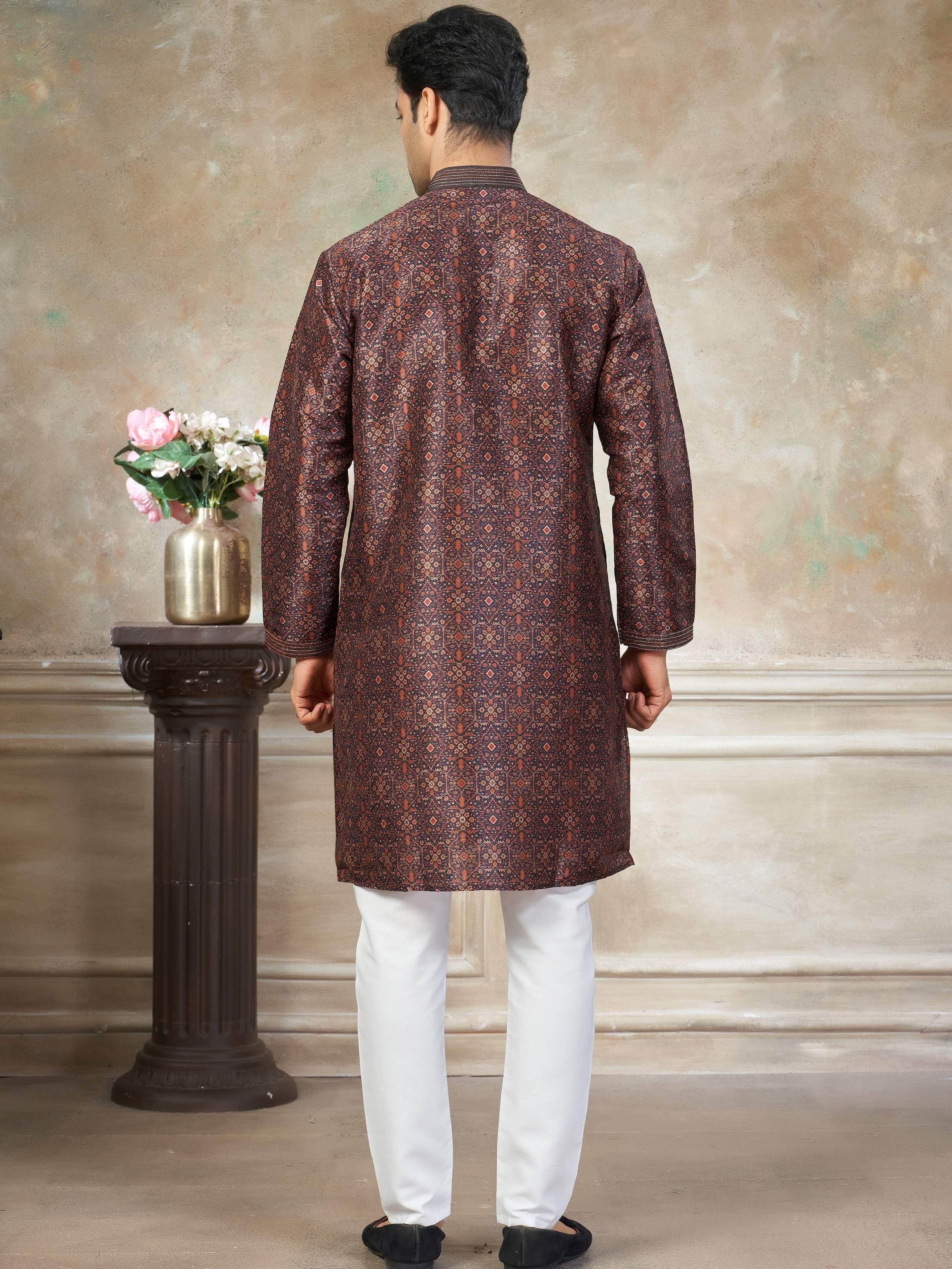 Captivating Brown Digital Printed Silk Festival Wear Men’s Kurta 