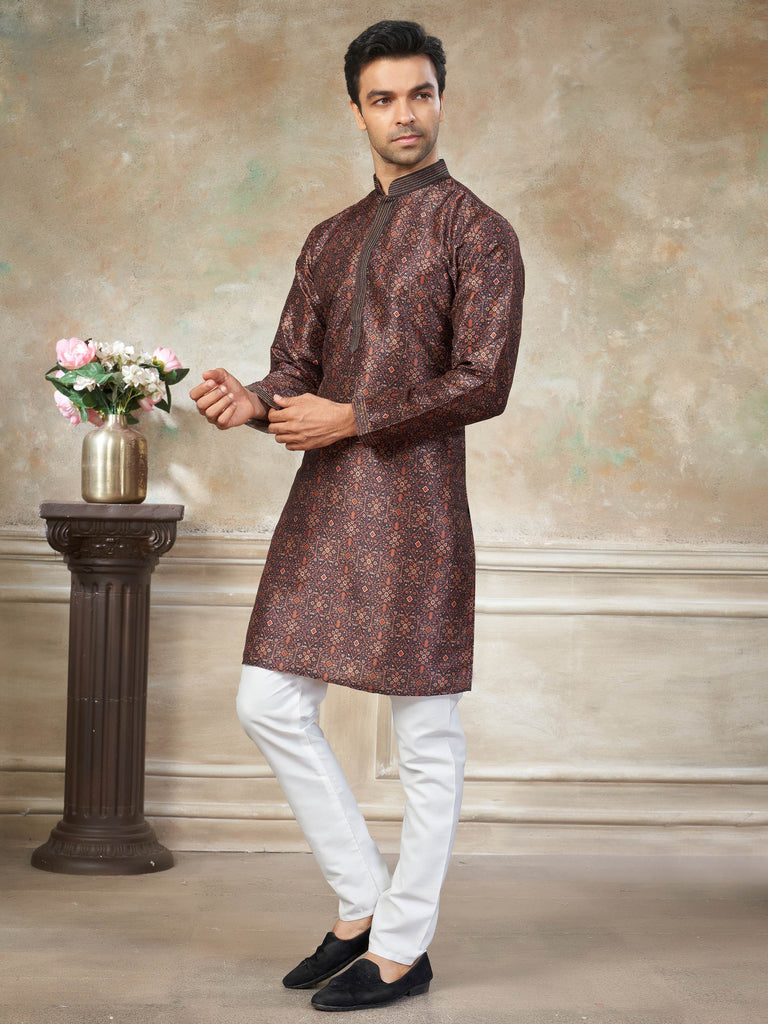 Captivating Brown Digital Printed Silk Festival Wear Men’s Kurta 