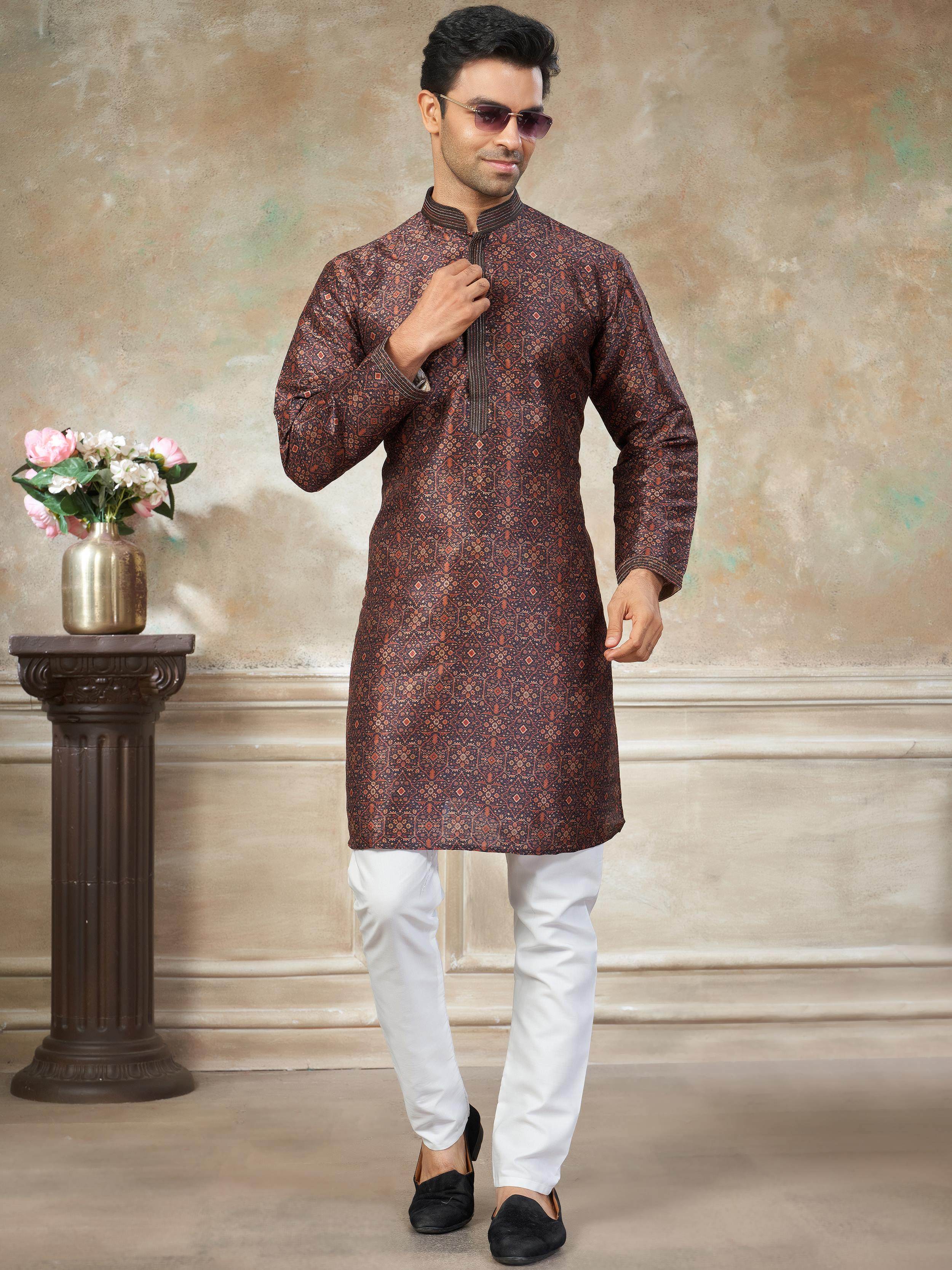 Captivating Brown Digital Printed Silk Festival Wear Men’s Kurta 
