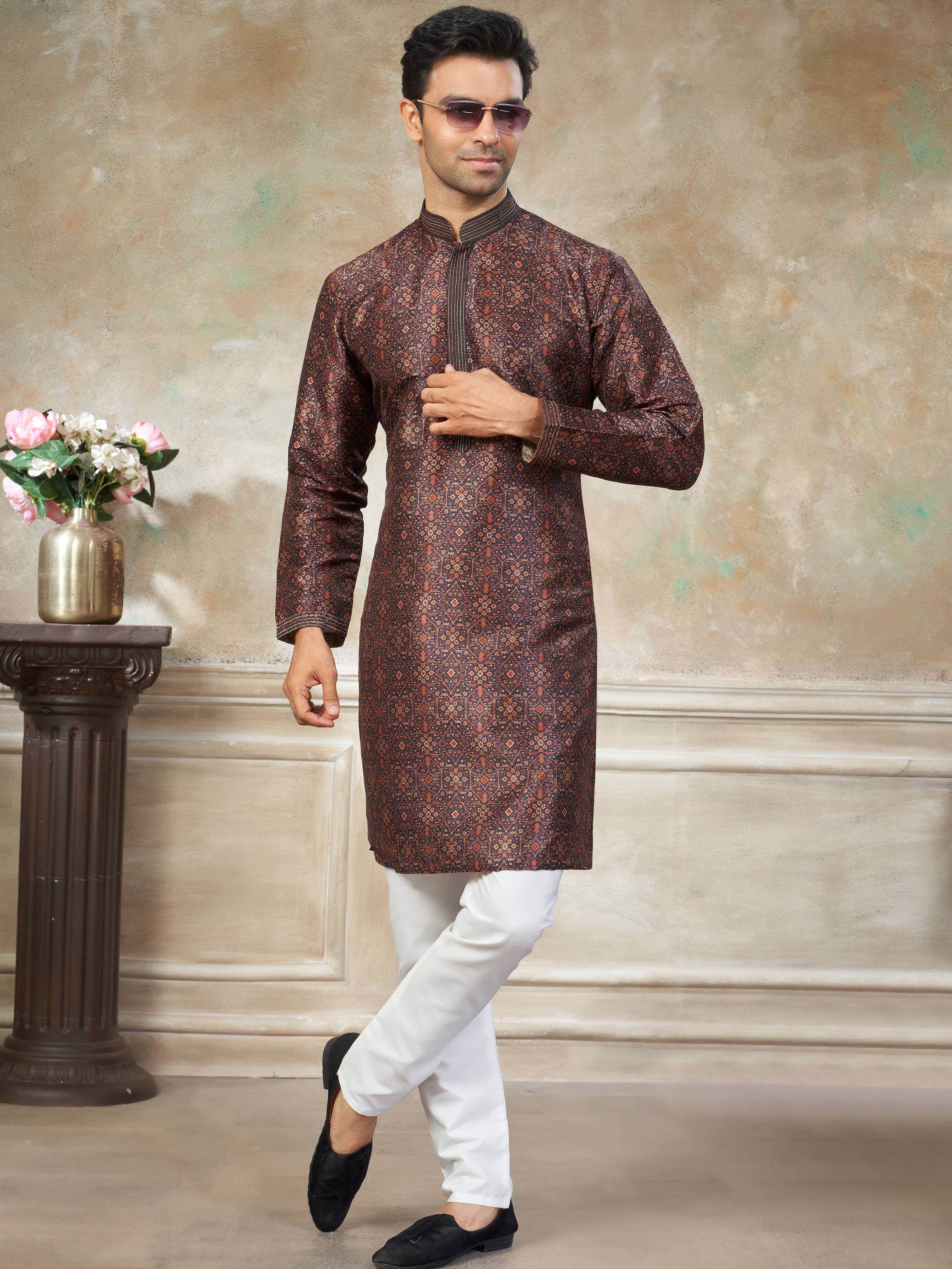 Captivating Brown Digital Printed Silk Festival Wear Men’s Kurta 