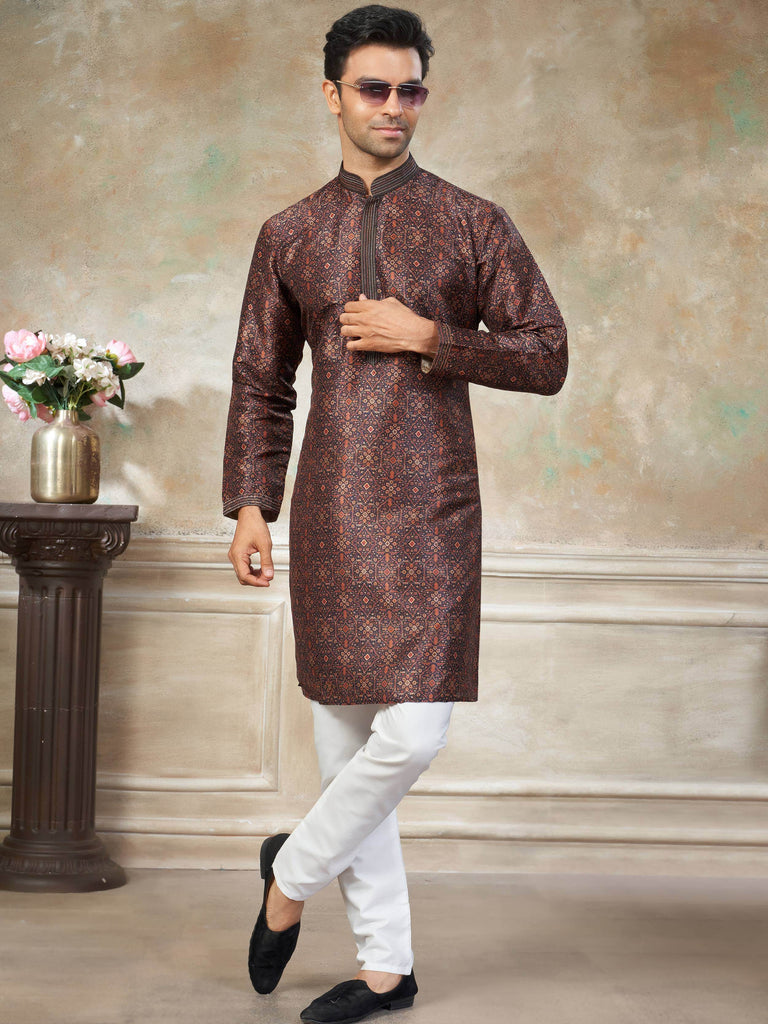 Captivating Brown Digital Printed Silk Festival Wear Men’s Kurta 