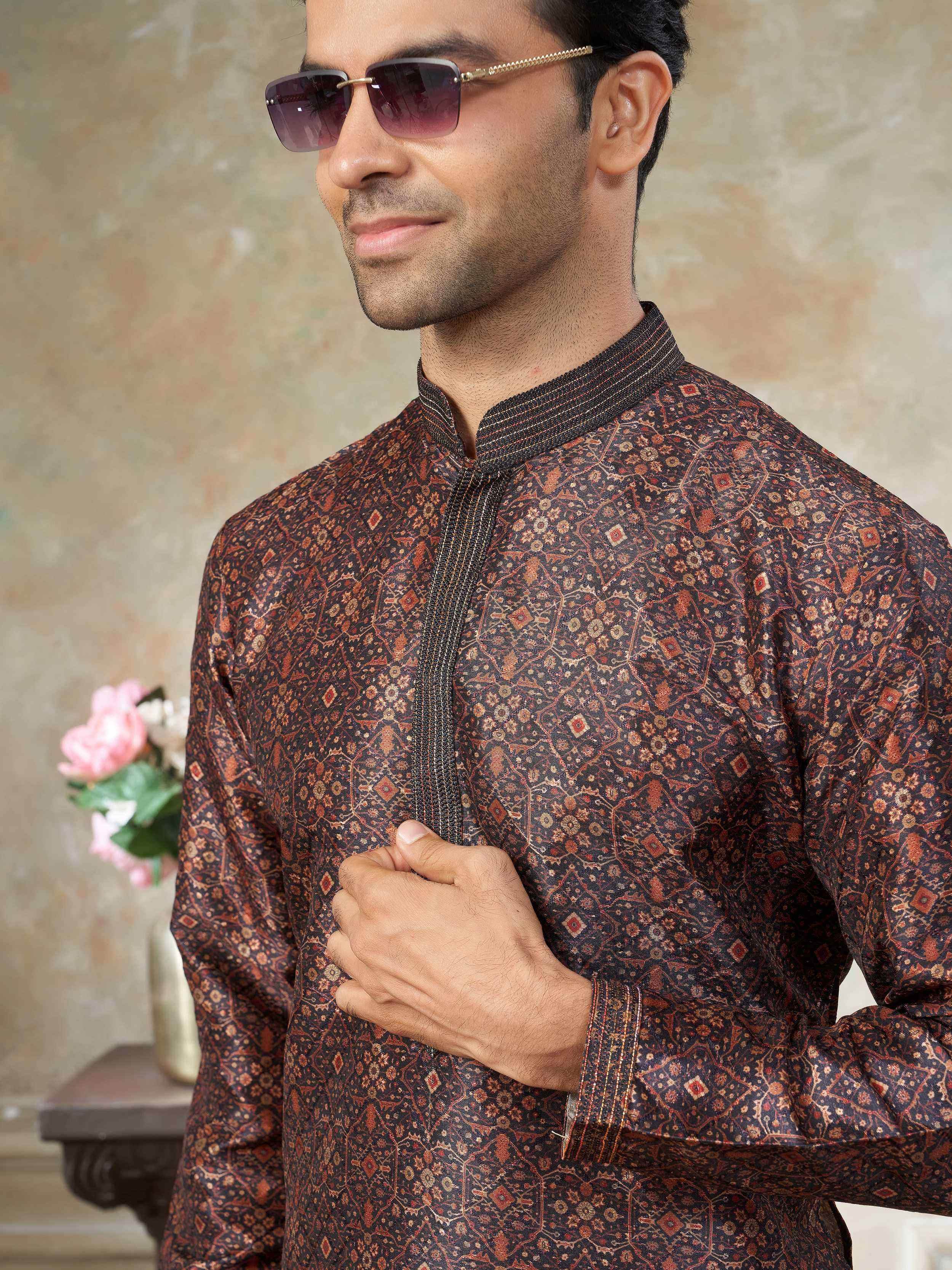 Captivating Brown Digital Printed Silk Festival Wear Men’s Kurta 